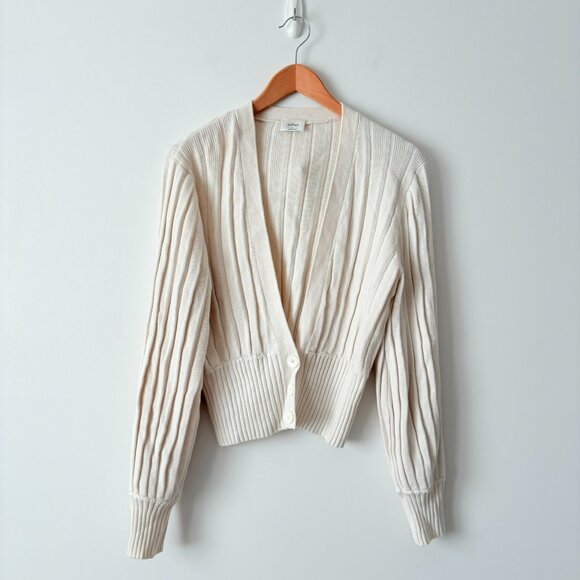 Aritzia Wilfred Thais Knit Plunge Sweater Cardigan Wool Cotton Light Birch XL - Picture 5 of 9